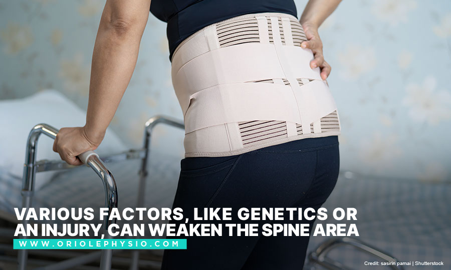 Various factors, like genetics or an injury, can weaken the spine area