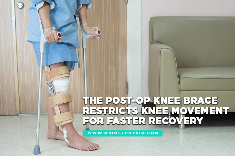 The post-op knee brace restricts knee movement for faster recovery