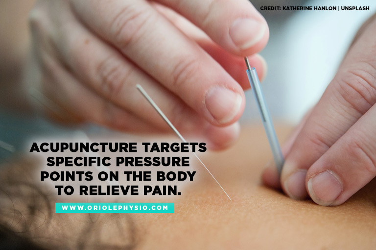 Acupuncture targets specific pressure points on the body to relieve pain.